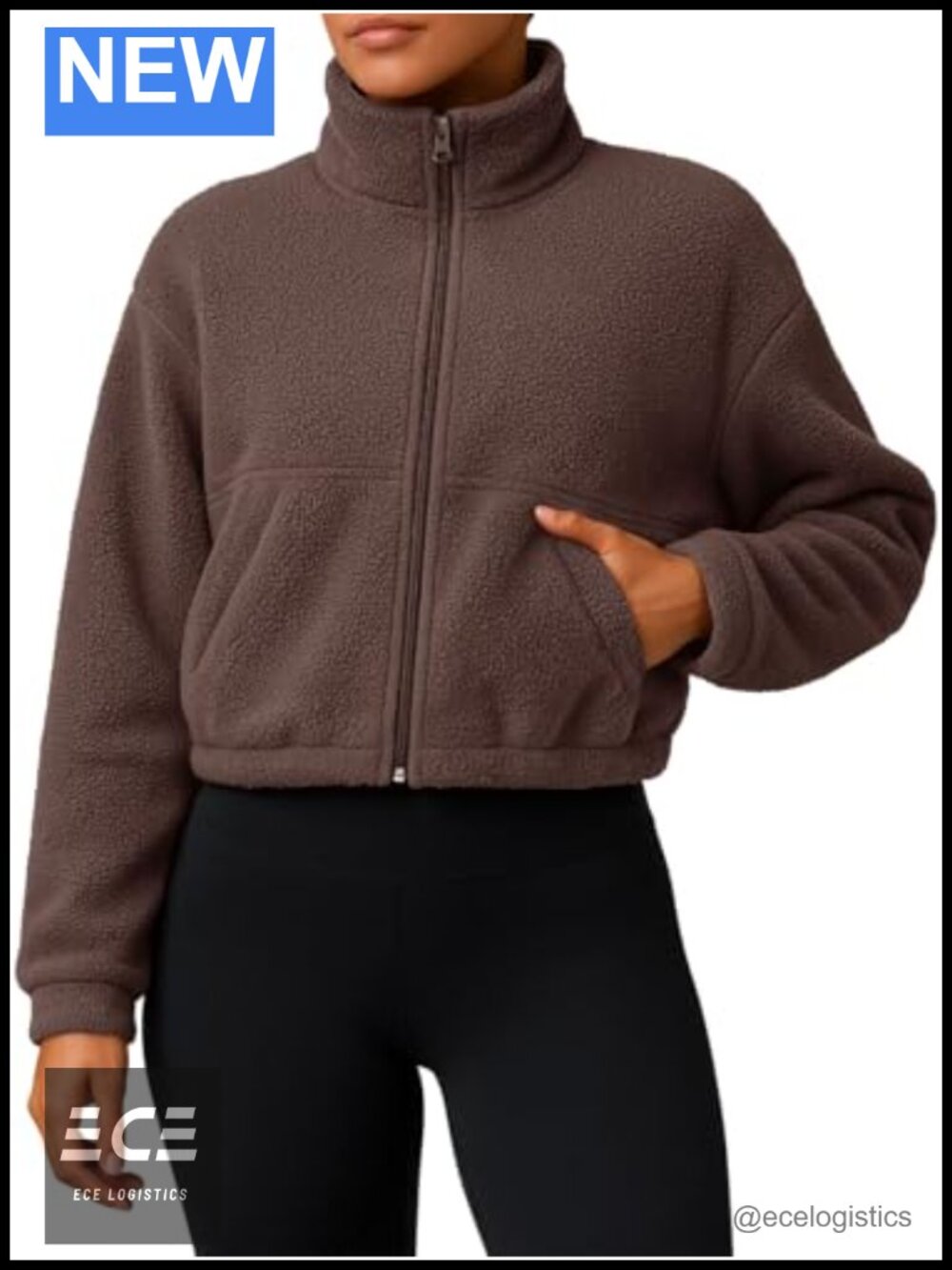 Sherpa Fleece Cropped Full Zip Jacket Cozy Fuzzy Casual Coat